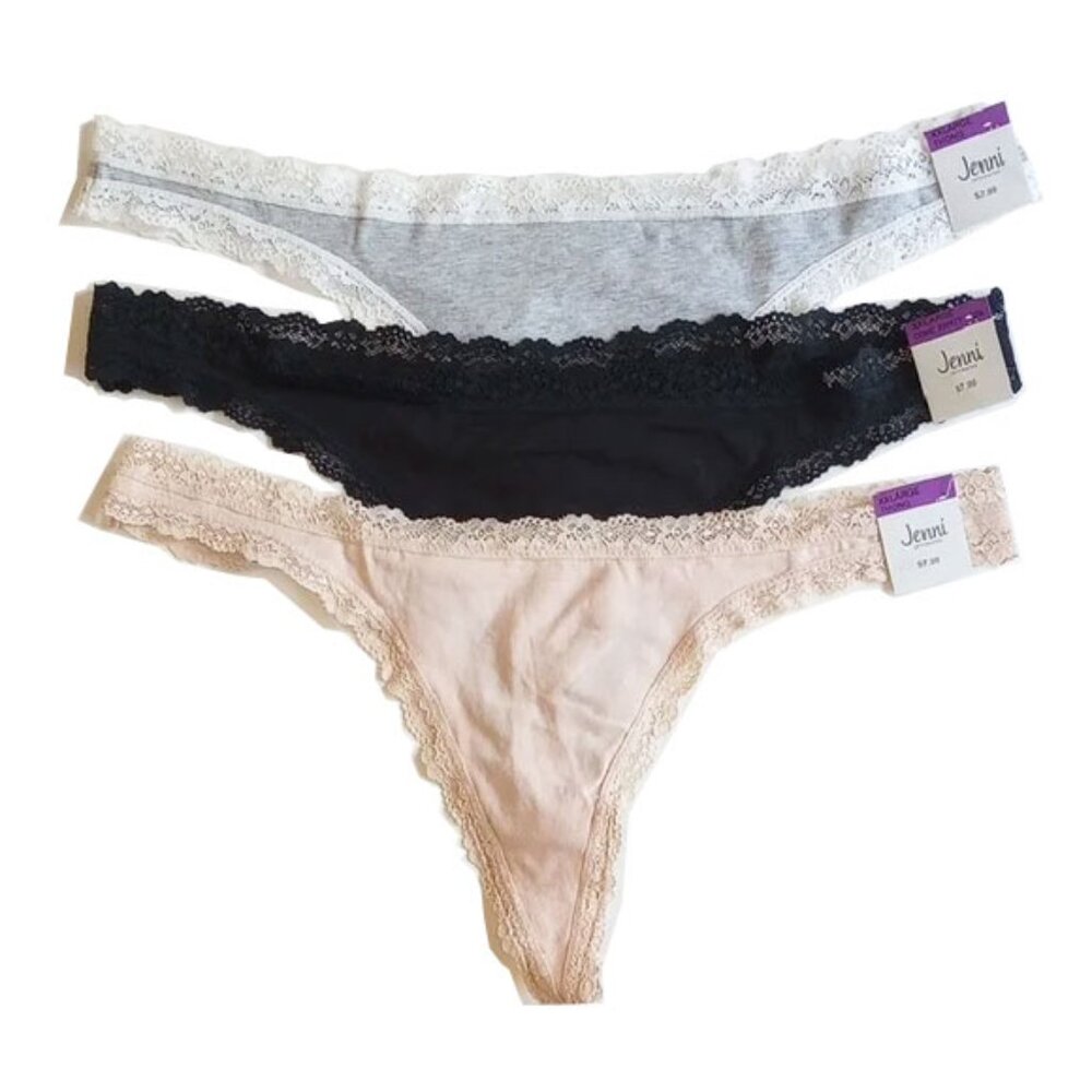 *50off3* NWT 3 Pair Macy's Jenni Thongs XXL 95% Cotton Black Gray Beige